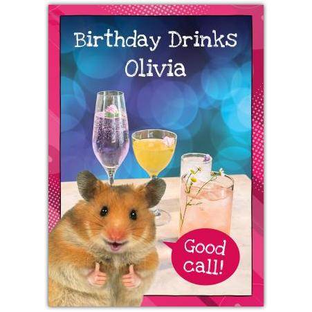 Personalised Hamster Birthday Drinks Greeting Card with Name and Thumbs Up Design