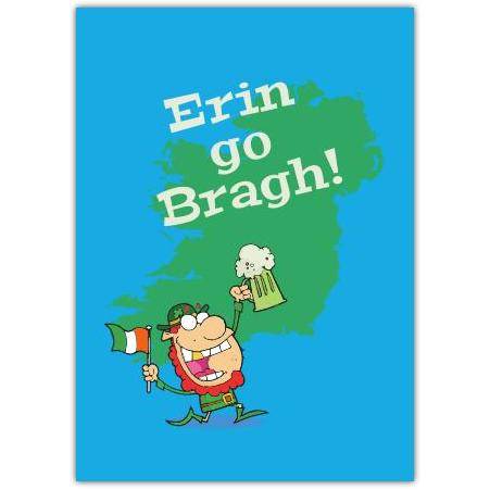 Erin Go Bragh Irish Celebration Card with Cartoon Leprechaun and Shamrock Design