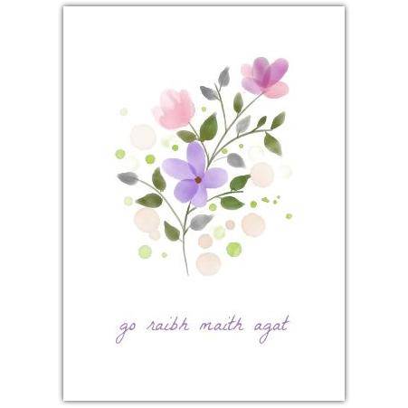 Watercolour Floral Thank You Card in Irish with Pink and Purple Flowers