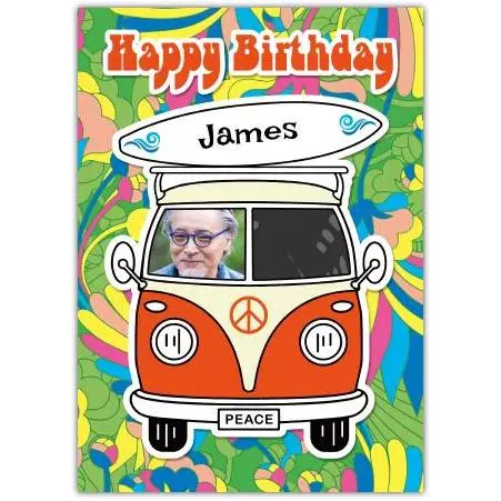 Personalised Retro Hippie Van Photo Upload Birthday Greeting Card