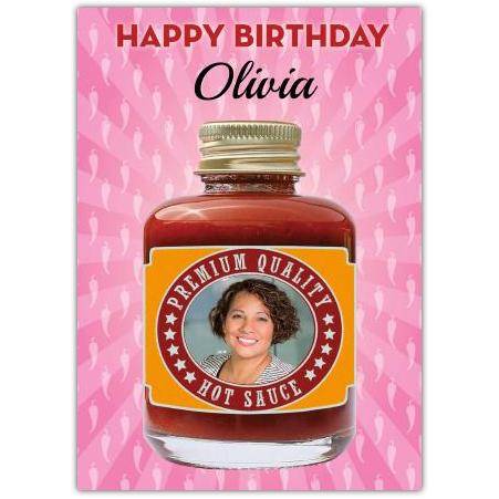 Personalised Hot Sauce Birthday Card with Photo Upload on Pink Pepper Background