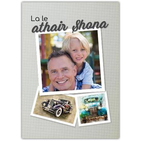 Personalised Happy Father’s Day Photo Card in Irish with Vintage Cars Design