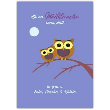 Happy Mother's Day Owls Greeting Card in Irish with Personalised Text Option