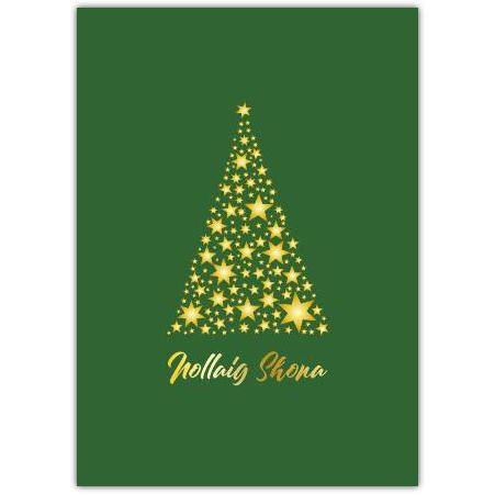 Happy Christmas Card with Gold Star Tree Design and Nollaig Shona Greeting in Irish