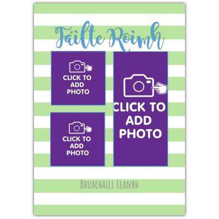 Personalised Welcome Baby Boy As Gaeilge Photo Upload Card with Green Stripes
