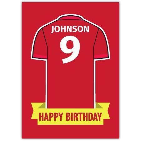 Personalised Red Football Jersey Happy Birthday Card with Name and Number