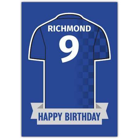 Personalised Blue Football Jersey Happy Birthday Card