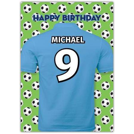 Personalised Light Blue Football Shirt Happy Birthday Card with Soccer Ball Background