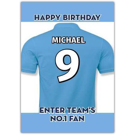 Personalised Light Blue Football No 1 Fan Birthday Card with Custom Name and Number
