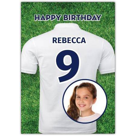 Personalised Football Jersey Birthday Card with Photo Upload in Blue and White