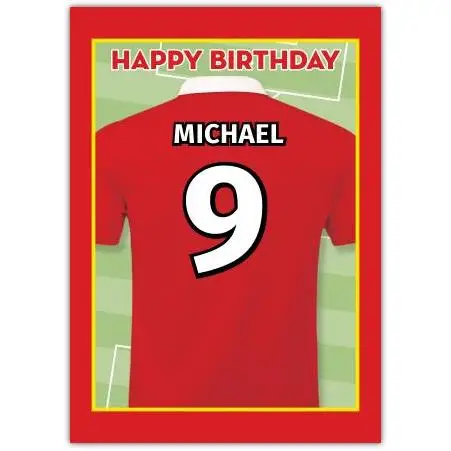 Personalised Football Birthday Card Red Jersey with Name and Number on Pitch Background