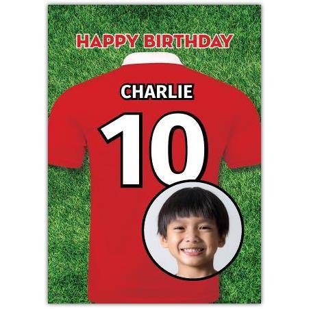 Personalised Football Shirt Birthday Card with Photo Upload on Green Pitch Background