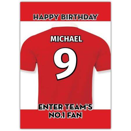 Personalised Red Football Birthday Card No 1 Fan Jersey Number and Name Option