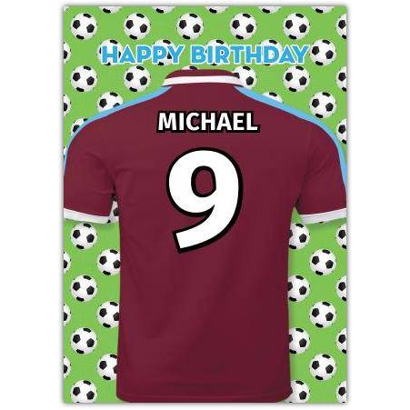 Personalised Football Birthday Card with Maroon Jersey and Soccer Ball Pattern