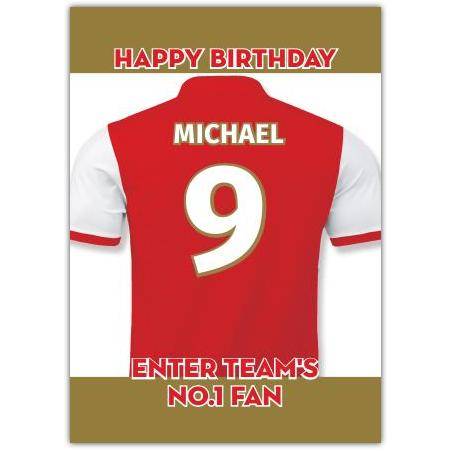 Personalised Football No 1 Fan Birthday Card with Custom Name and Number in Red and White Jersey