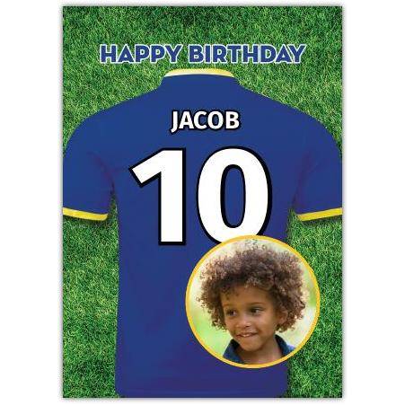 Personalised Blue Football Shirt Birthday Card with Photo and Custom Name Number on Grass Background