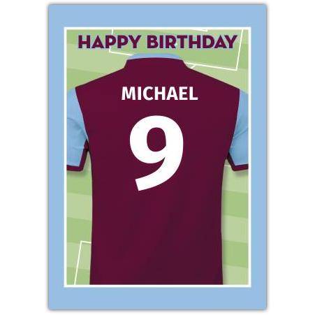 Personalised Football Jersey Birthday Card with Custom Name and Number in Purple and Blue
