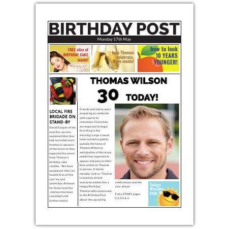 Personalised Birthday Newspaper Style Card Custom Age and Name Photo Option