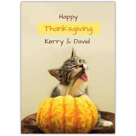 Personalised Thanksgiving Card with Cute Kitten and Pumpkin Design