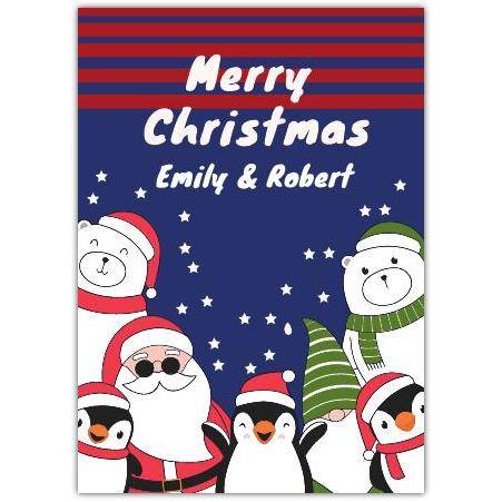 Personalised Merry Christmas Card with Santa Penguins and Polar Bears Design