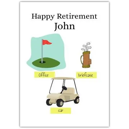 Personalised Happy Retirement Card Golf Theme with Office Briefcase and Golf Cart Design