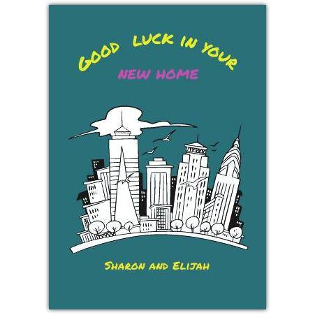 Personalised Good Luck New Home Card with Modern City Skyline Design