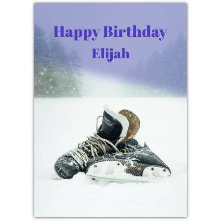 Personalised Ice Hockey Skates Happy Birthday Card with Snowy Rink Design
