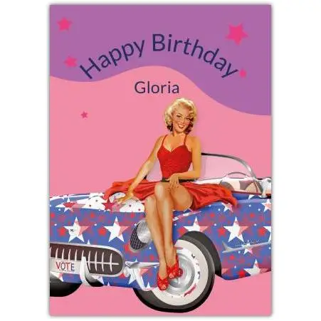Personalised Retro Pin-Up Style Birthday Card with Classic Car and Stars Design