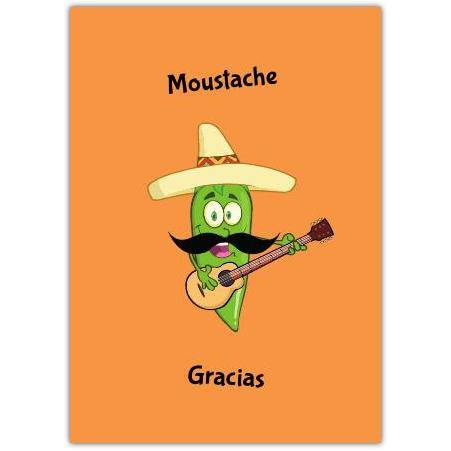 Funny Moustache Gracias Thank You Card with Cartoon Chili Pepper Playing Guitar