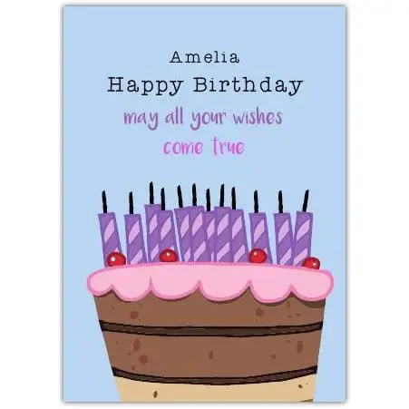 Personalised Happy Birthday Card with Chocolate Cake and Candles in Purple and Pink