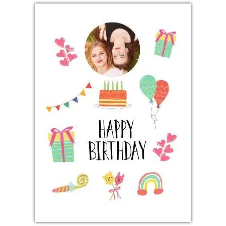 Personalised Photo Birthday Card with Colourful Party Icons and Happy Birthday Text
