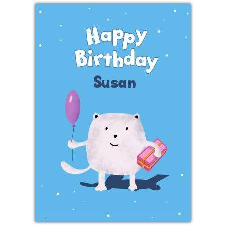 Personalised Happy Birthday Card with Cute Cartoon Cat Holding Balloon and Gift on Blue Background