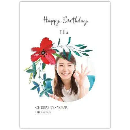 Personalised Photo Birthday Card with Red Floral Watercolour Design and Motivational Message