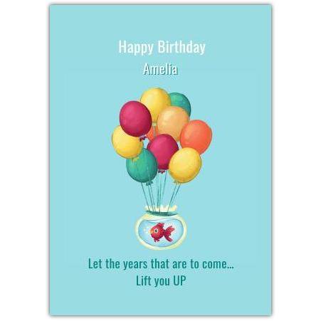 Personalised Happy Birthday Card with Colourful Balloons and Goldfish in Bowl Design