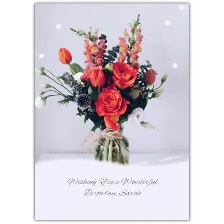 Personalised Birthday Card with Vibrant Orange Floral Bouquet in Vase