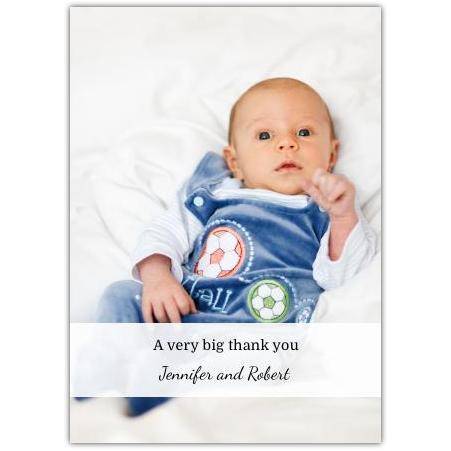 Personalised Baby Photo Thank You Card with Sports Overalls Design