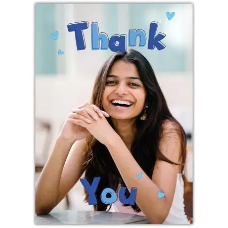 Personalised Thank You Card with Smiling Woman Photo and Blue Hearts Design