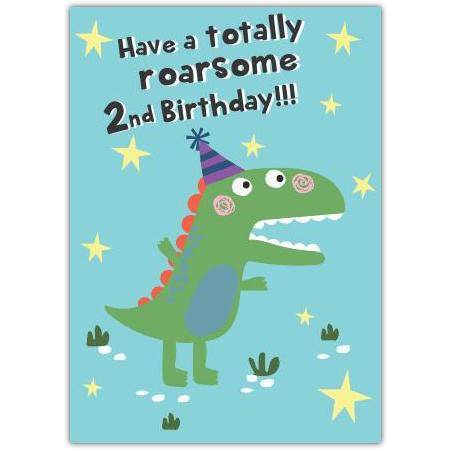Roarsome Dinosaur 2nd Birthday Card for Toddler with Party Hat and Stars