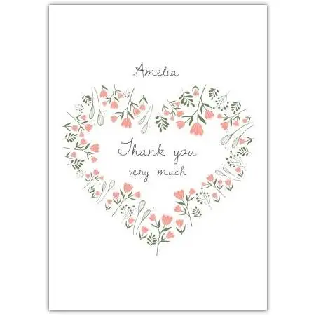 Personalised Floral Heart Thank You Card with Custom Name Option