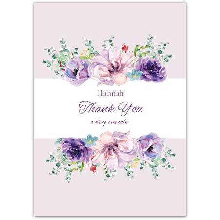 Personalised Floral Thank You Card with Purple Flowers and Greenery on Pink Background