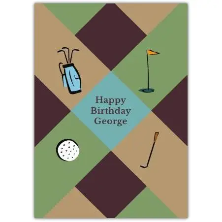Personalised Golf Themed Happy Birthday Card in Argyle Pattern Design