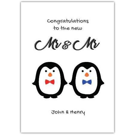 Congratulations Mr and Mr Wedding Card with Penguins Design Personalised Names Available
