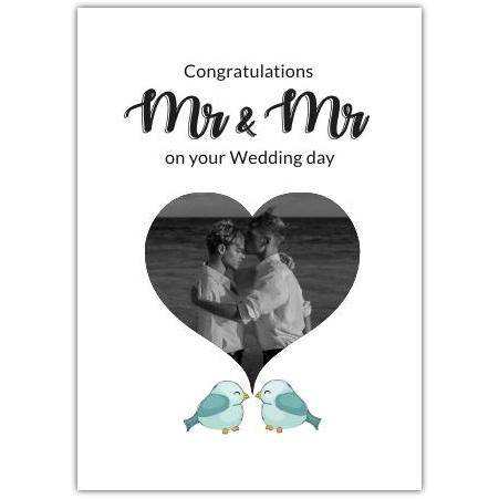 Mr and Mr Wedding Day Congratulations Card with Heart Photo and Bluebirds Design
