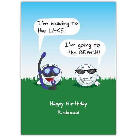 Personalised Funny Golfer Cartoon Birthday Card Heading to Lake and Beach