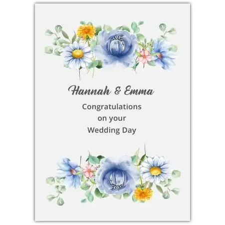 Personalised Floral Wedding Congratulations Card with Blue and Yellow Blooms for Couples