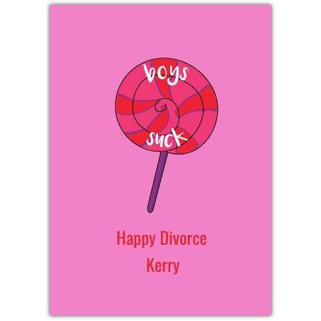 Personalised Happy Divorce Card with Boys Suck Lollipop Design on Pink