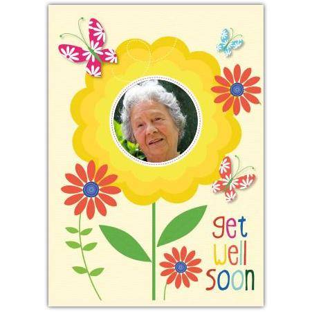 Personalised Get Well Soon Card with Bright Flowers and Butterflies Design