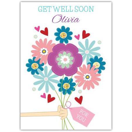 Personalised Get Well Soon Card with Colourful Flowers and Hearts Design