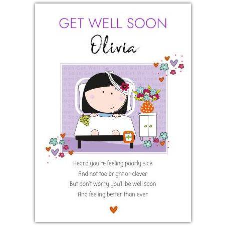 Personalised Get Well Soon Card for Olivia with Cute Bedside Illustration and Poem