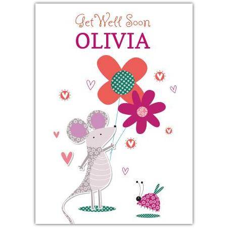 Personalised Get Well Soon Card with Cute Mouse and Flowers Design for Kids